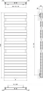 Heavy-duty metal radiator with horizontal fins for efficient heat dissipation | PoshRads technical drawing.