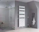 Modern bathroom with gray walls and unique radiator design.