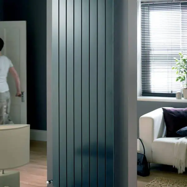 Modern vertical panel radiator heating system in a stylish living room.