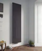 Heat pump radiator for home heating, sleek black wall-mounted design.