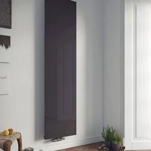 Heat pump radiator for home heating, sleek black wall-mounted design.