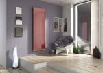Modern interior living space with stylish wall-mounted radiator and contemporary furniture, emphasizing heating solutions and home decor.