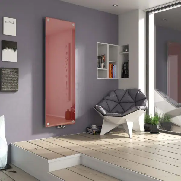 Modern interior living space with stylish wall-mounted radiator and contemporary furniture, emphasizing heating solutions and home decor.