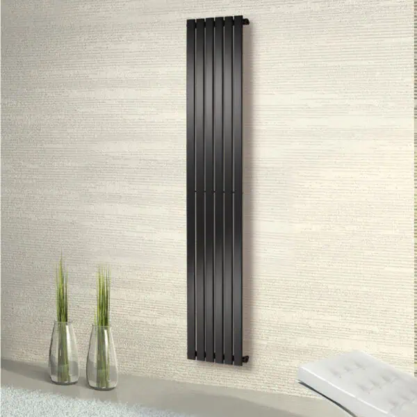 Modern black vertical radiator, stylish wall-mounted heating unit for home decor and warmth.