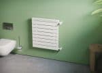 Modern white radiator on green bathroom wall for heating and decor.