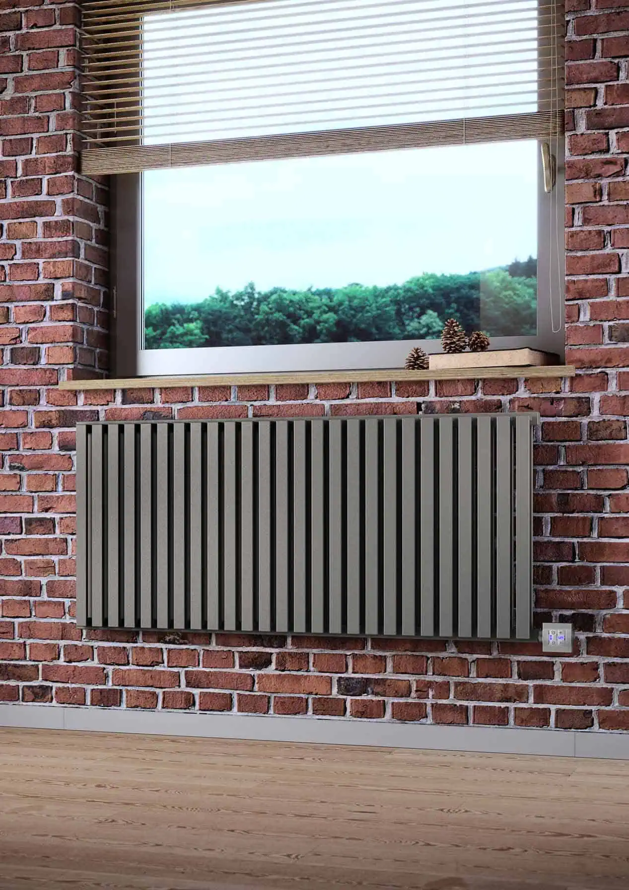 NEMO-Electric-Radiator-530_1185_metallic_stone-Lifestyle-1-scaled-2 min Modern radiator with vertical slats mounted on a red brick wall in a contemporary interior.