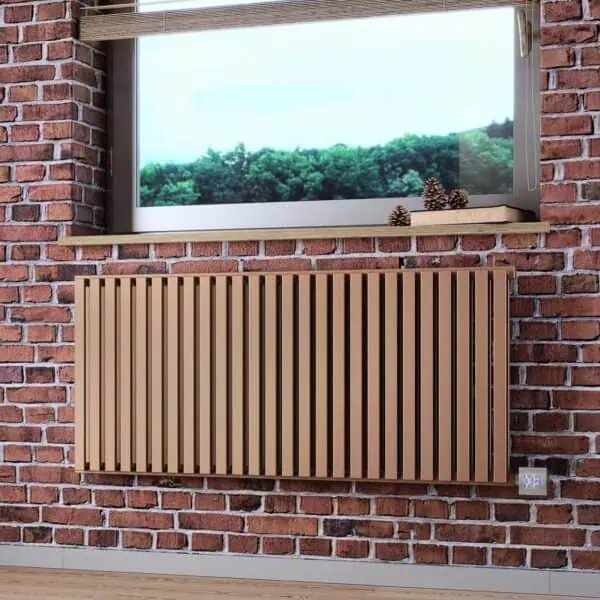 Modern wooden radiator cover with brick wall background and window view.