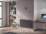 Modern living room with stylish black radiator, wooden bookshelf, and workspace setup.