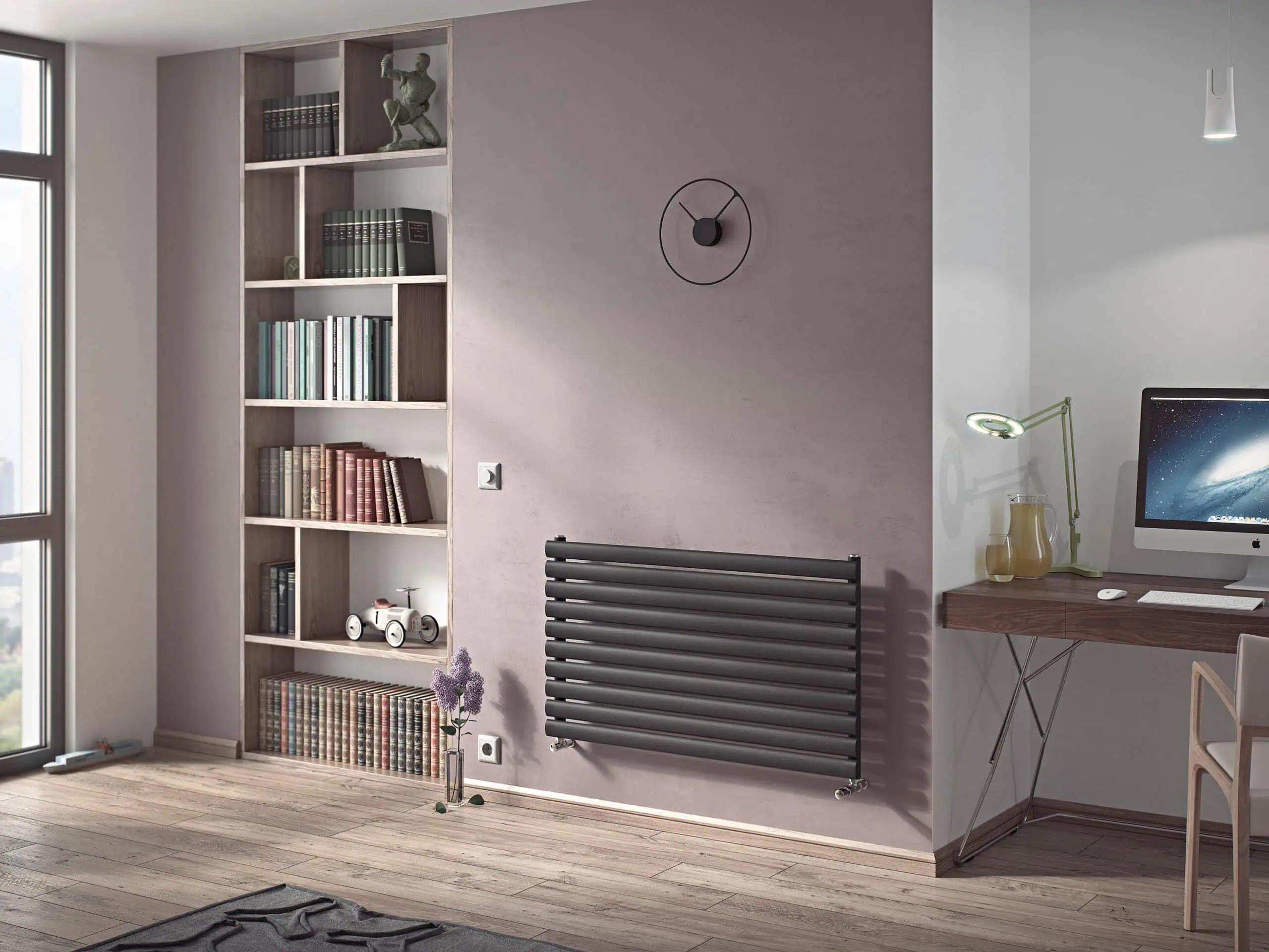 Nova-Horizontal-Single-Anthracite-scaled-2.jpg Modern living room with stylish black radiator, wooden bookshelf, and workspace setup.