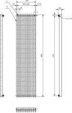 1. Technical radiator diagram with precise measurements for HVAC systems.
