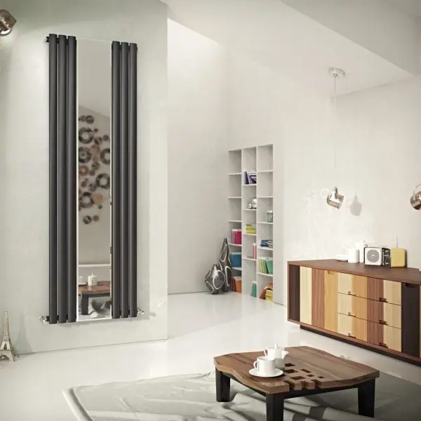 Modern vertical radiator with black pipes and sleek design for stylish home heating.