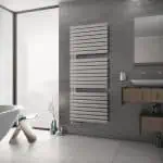 Modern white towel radiator in contemporary bathroom decor.