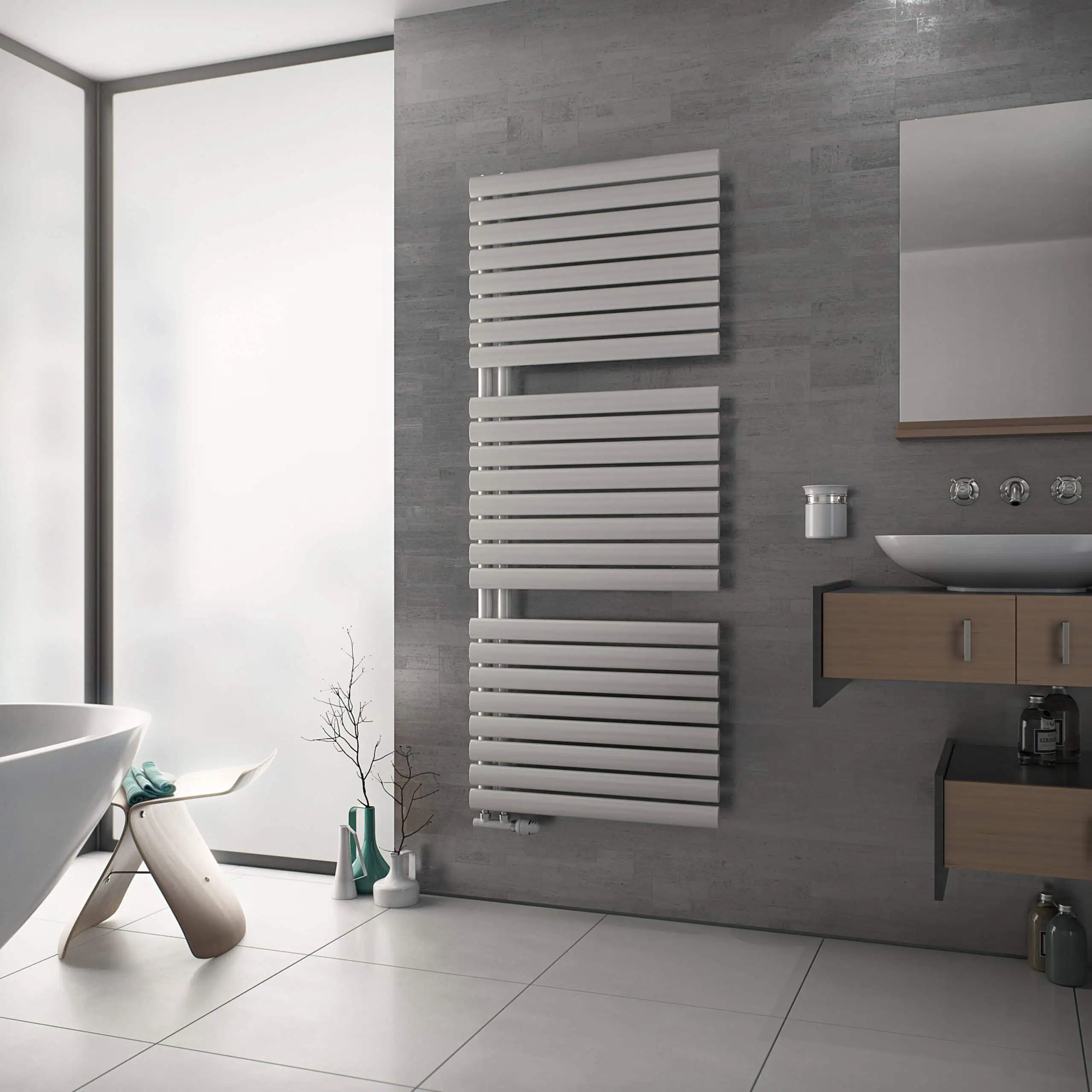 Fusion x64 TIFF File Modern white towel radiator in contemporary bathroom decor.