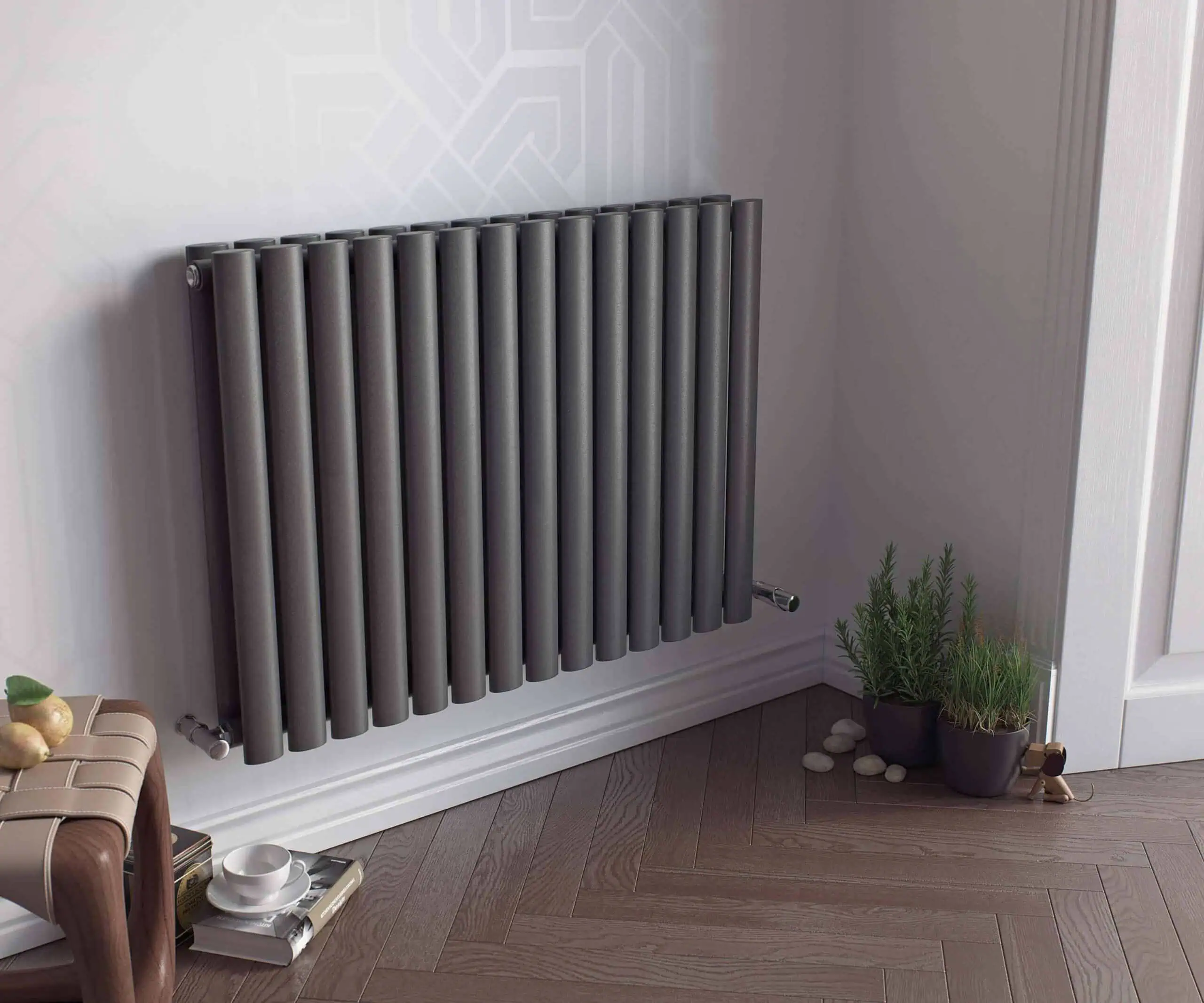 Nova-Vertical-600-Double-Anthracite-Side-Valve-Hero-scaled-2.jpg Stylish modern gray radiator in a contemporary living space, eco-friendly heating solution.