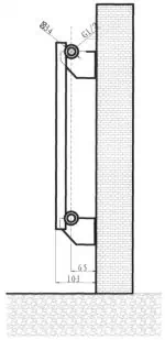 1. Technical drawing of wall-mounted radiator installation with measurements.