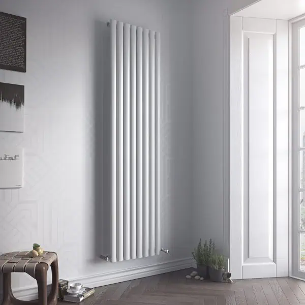 Vertical modern white radiator for home heating solutions.