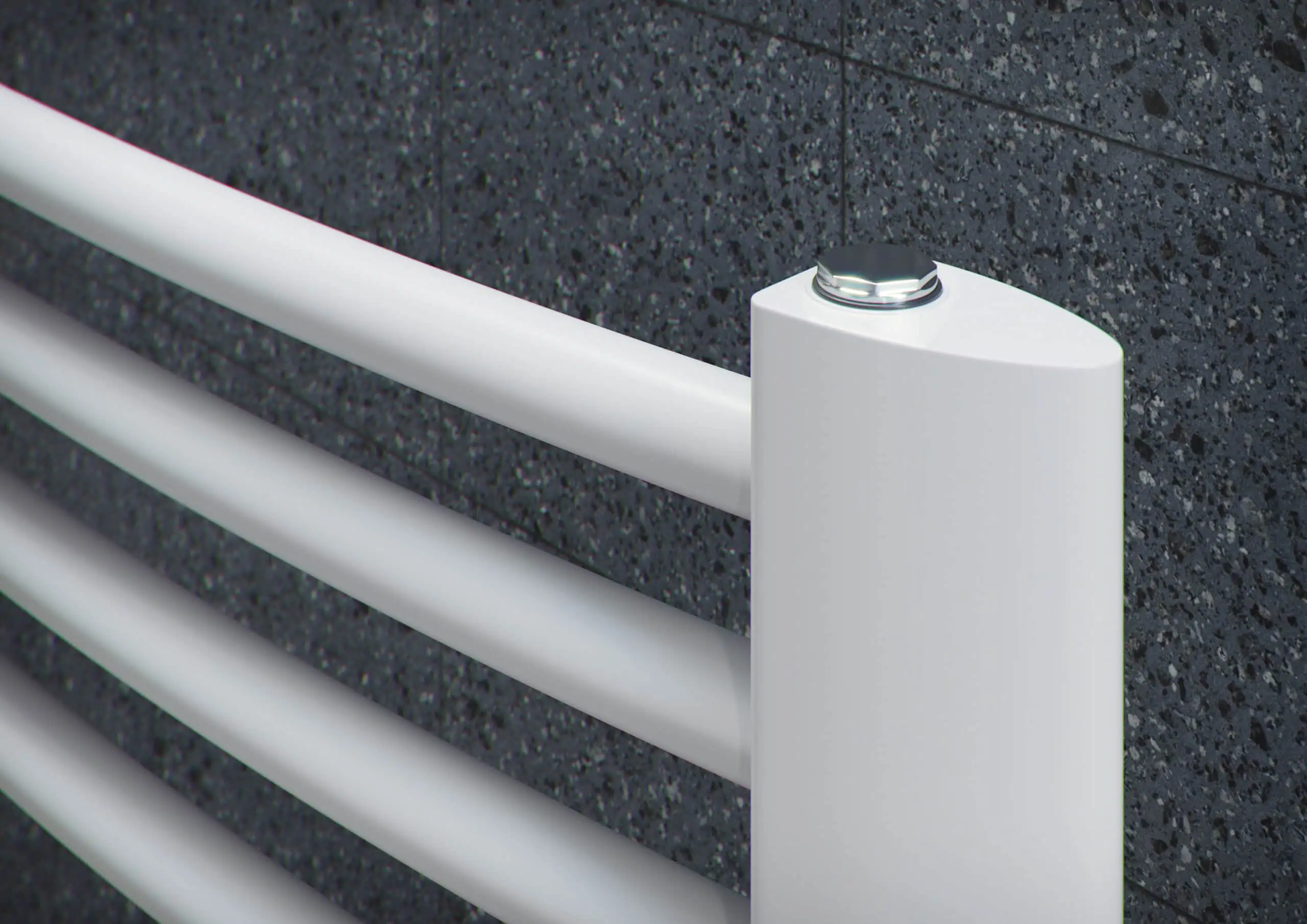 Fusion Studio TIFF File White modern radiator with sleek bars on dark textured wall for heating solutions.