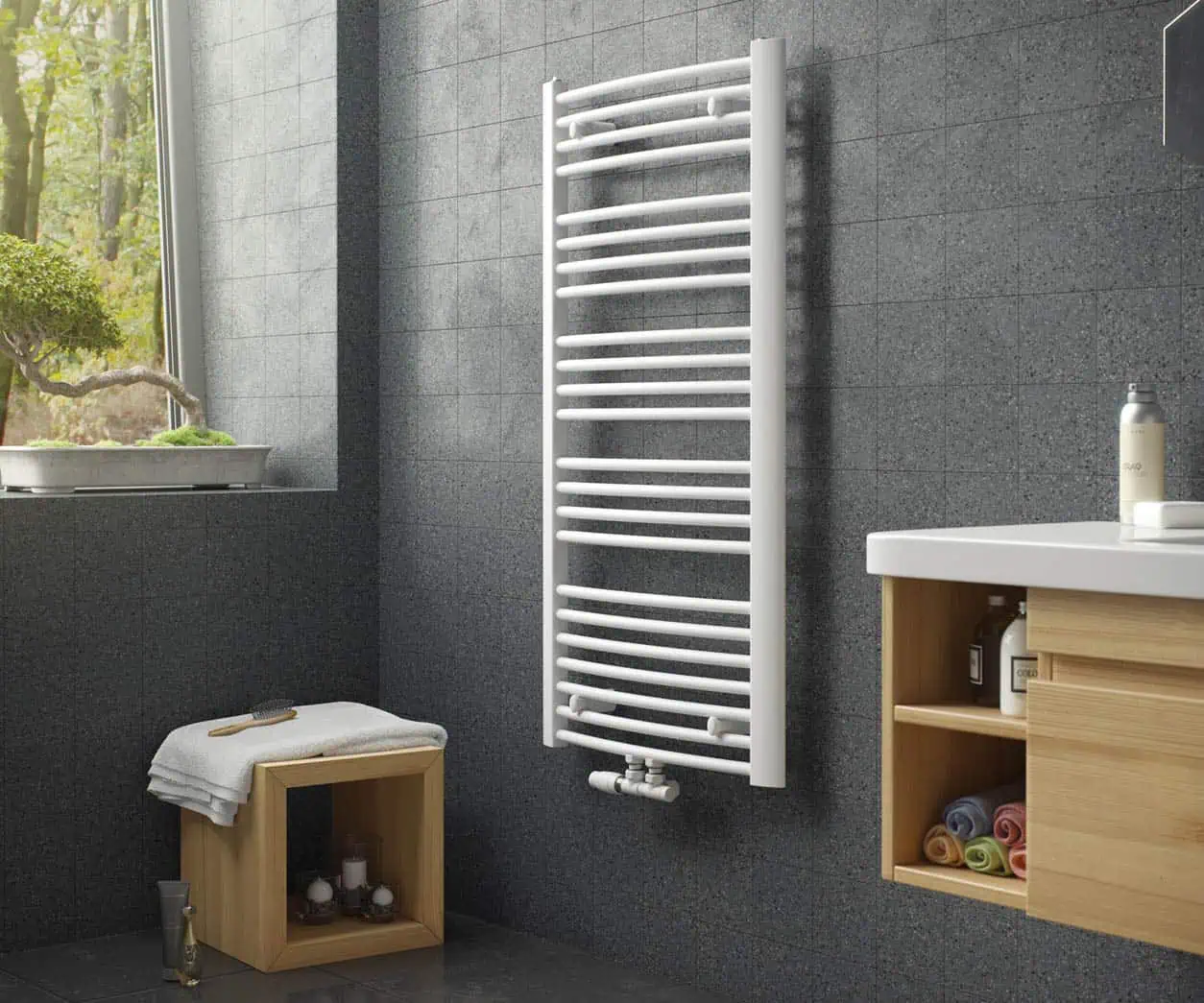 Fusion Studio TIFF File Modern bathroom heated towel rail radiator for home comfort and style.