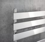Sleek modern white towel radiator on gray tiled bathroom wall, space-saving heating solution.