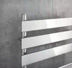 Sleek modern white towel radiator on gray tiled bathroom wall, space-saving heating solution.