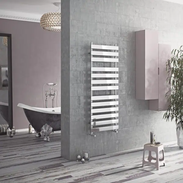 Steel heated towel rail for modern bathroom decor.