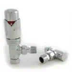 Chrome thermostatic radiator valve with locking device for efficient heating control.