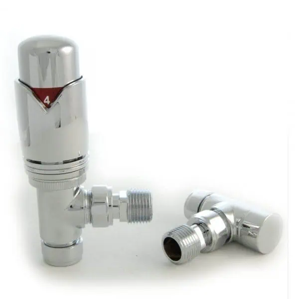 Chrome thermostatic radiator valve with locking device for efficient heating control.