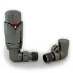 Chrome radiator angle valve with adjustable temperature control, ideal for home heating systems.