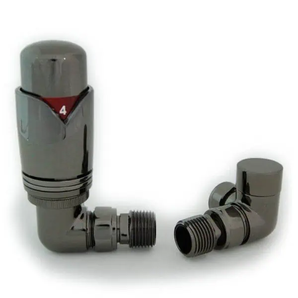 Chrome radiator angle valve with adjustable temperature control, ideal for home heating systems.