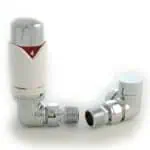 Thermostatic radiator valve with chrome finish and temperature control feature for heating systems.
