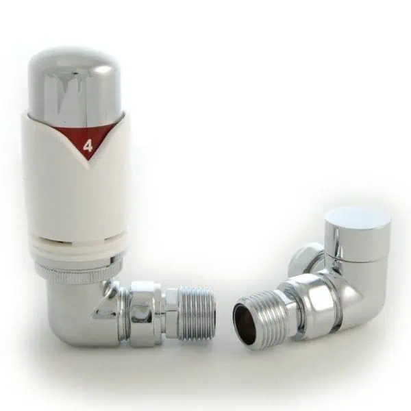 Thermostatic radiator valve with chrome finish and temperature control feature for heating systems.