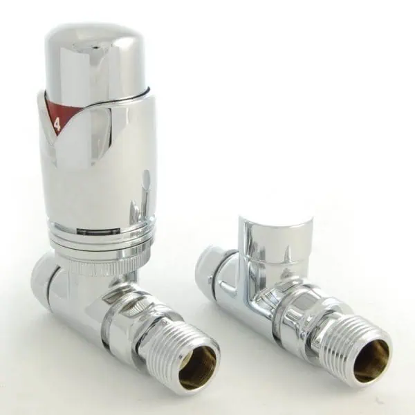 Chrome thermostatic radiator valves for efficient home heating control.