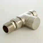 Shiny stainless steel faucet valve with threading for plumbing installation.