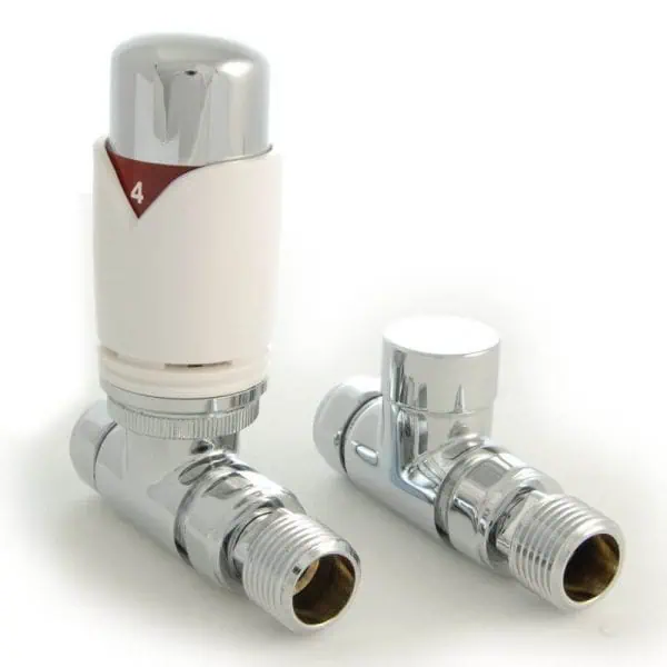 Aluminum thermostatic radiator valves with white and chrome finish for heating systems.