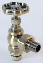 Brass industrial valve with threaded connections for plumbing or gas systems.