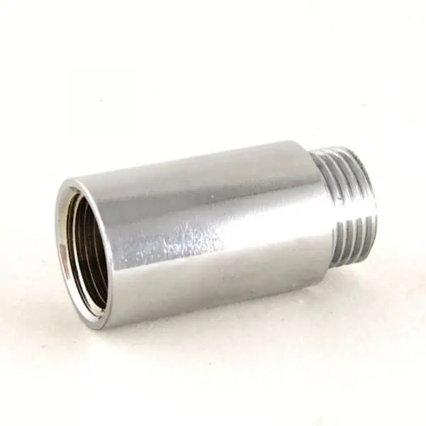Metal pipe connector for plumbing fittings, silver cylindrical with threaded end.
