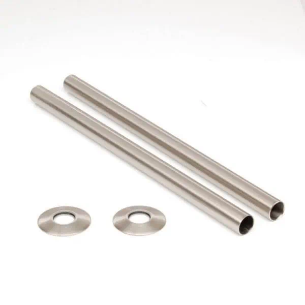 Stainless steel curtain rod set with mounting washers for home decor.