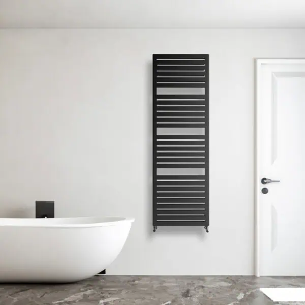 Black towel radiator in modern bathroom with white bathtub and minimal decor.