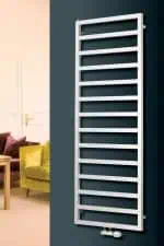 Modern white towel rail radiator for bathroom heating and decor.