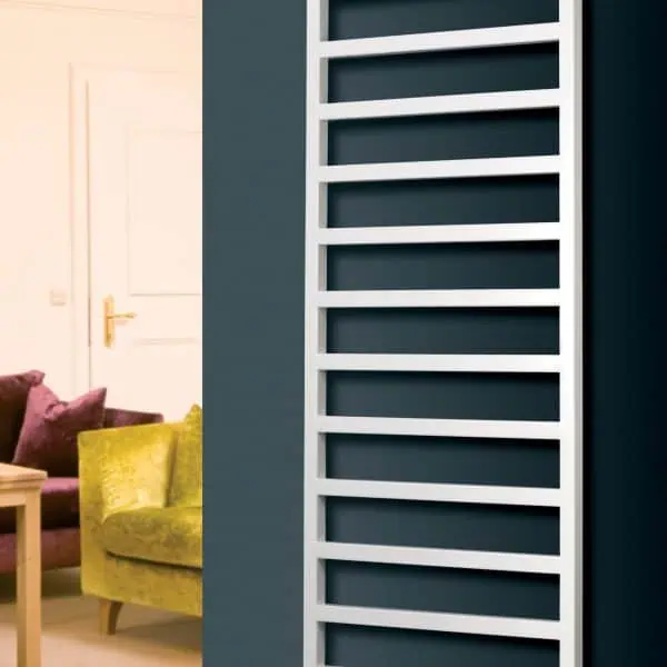 Modern white towel rail radiator for bathroom heating and decor.