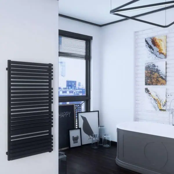 Modern black towel radiator heater for stylish bathroom decor.