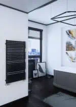 Industrial black towel radiator in modern bathroom, sleek design, stylish decor, heating solution.