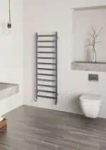Heated towel rail radiator, modern bathroom decor, space-saving heating solution, stylish bathroom heater.