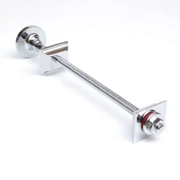 Chrome bathroom toilet paper holder with metal rod and wall mount.