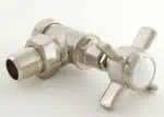 Shiny metal faucet valve with handle for plumbing and bathroom fixtures.