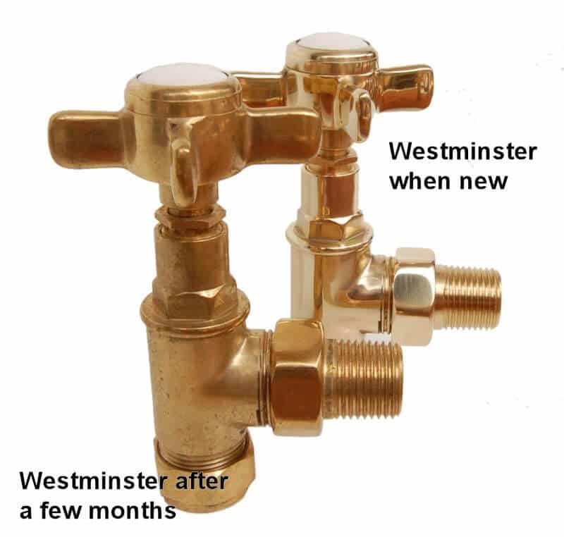 Westminster Cross-head Rad Valves Angled Un-Lacquered Brass