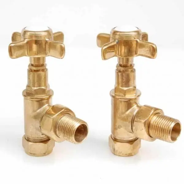 Brass water valves with cross handles and threaded connections for plumbing systems.