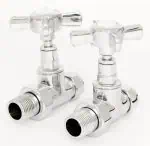 Shiny chrome radiator valves for heating systems, durable and high-quality.