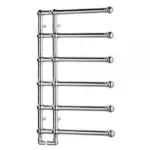 Chromed towel radiator with multiple bars for bathroom heating and drying.