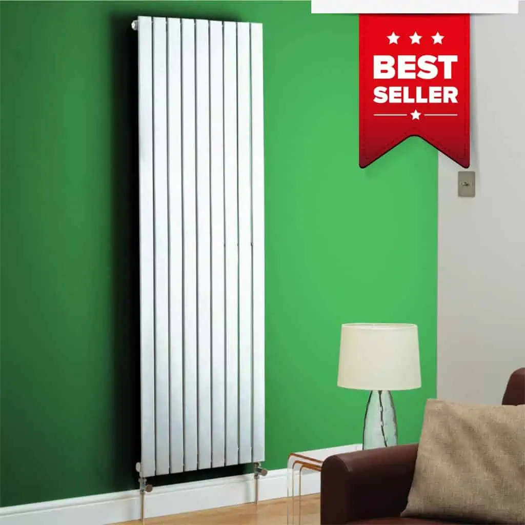 Radiator installation in modern living room with green accent wall, showcasing quality design.